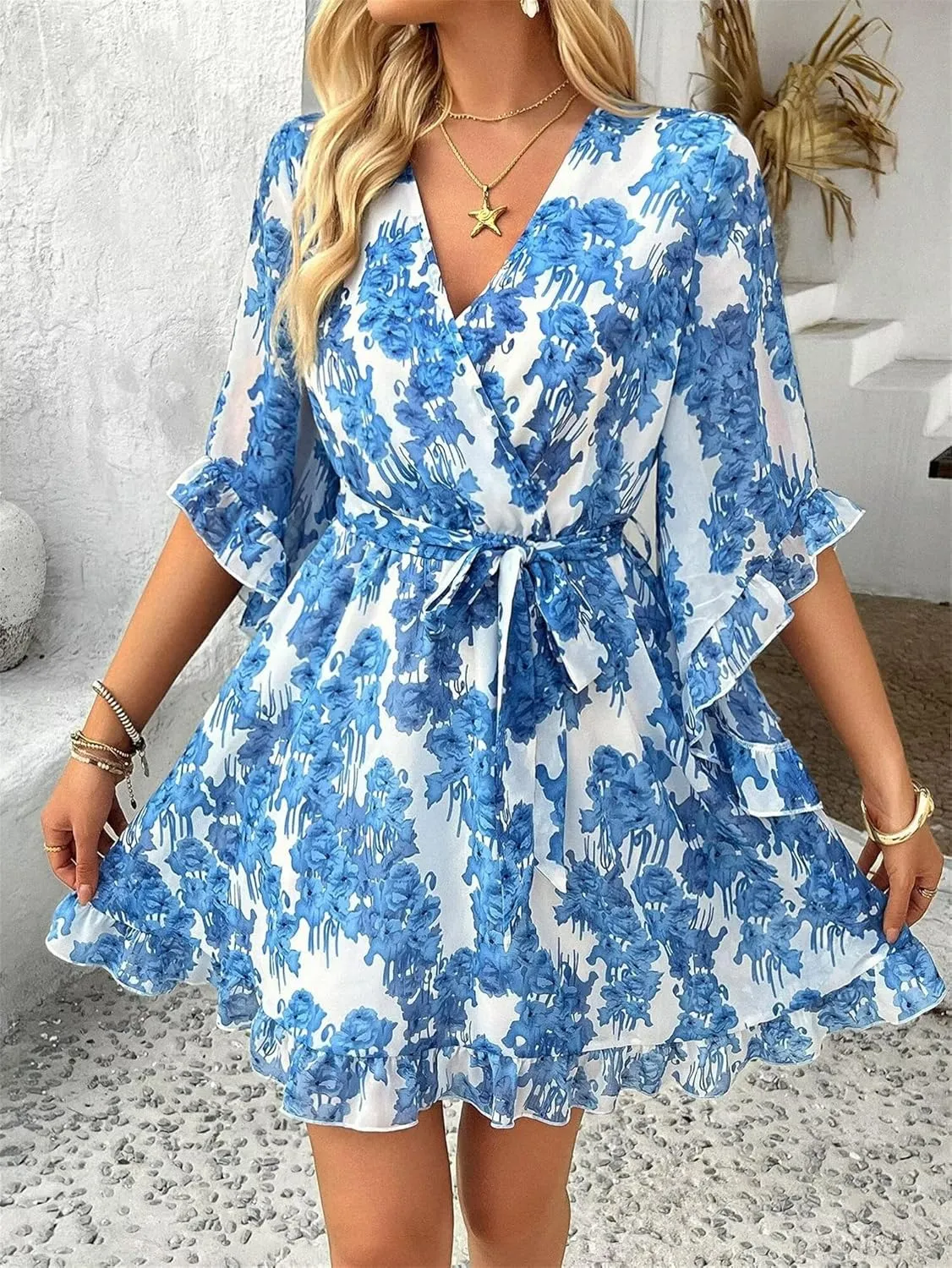 Women's Summer Dress Casual Floral Ruffled 3/4 Sleeve Boho Mini Dress Sexy V Neck A-Line Swing Chiffon Dresses