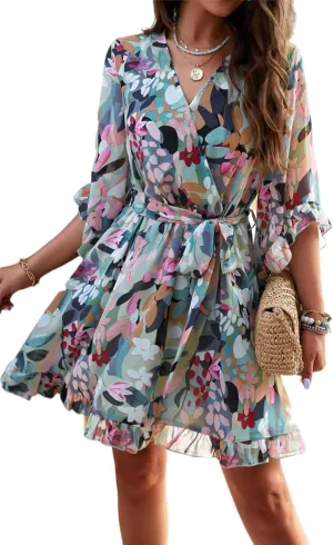 Women's Summer Dress Casual Floral Ruffled 3/4 Sleeve Boho Mini Dress Sexy V Neck A-Line Swing Chiffon Dresses