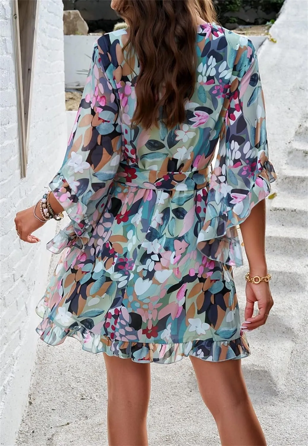 Women's Summer Dress Casual Floral Ruffled 3/4 Sleeve Boho Mini Dress Sexy V Neck A-Line Swing Chiffon Dresses