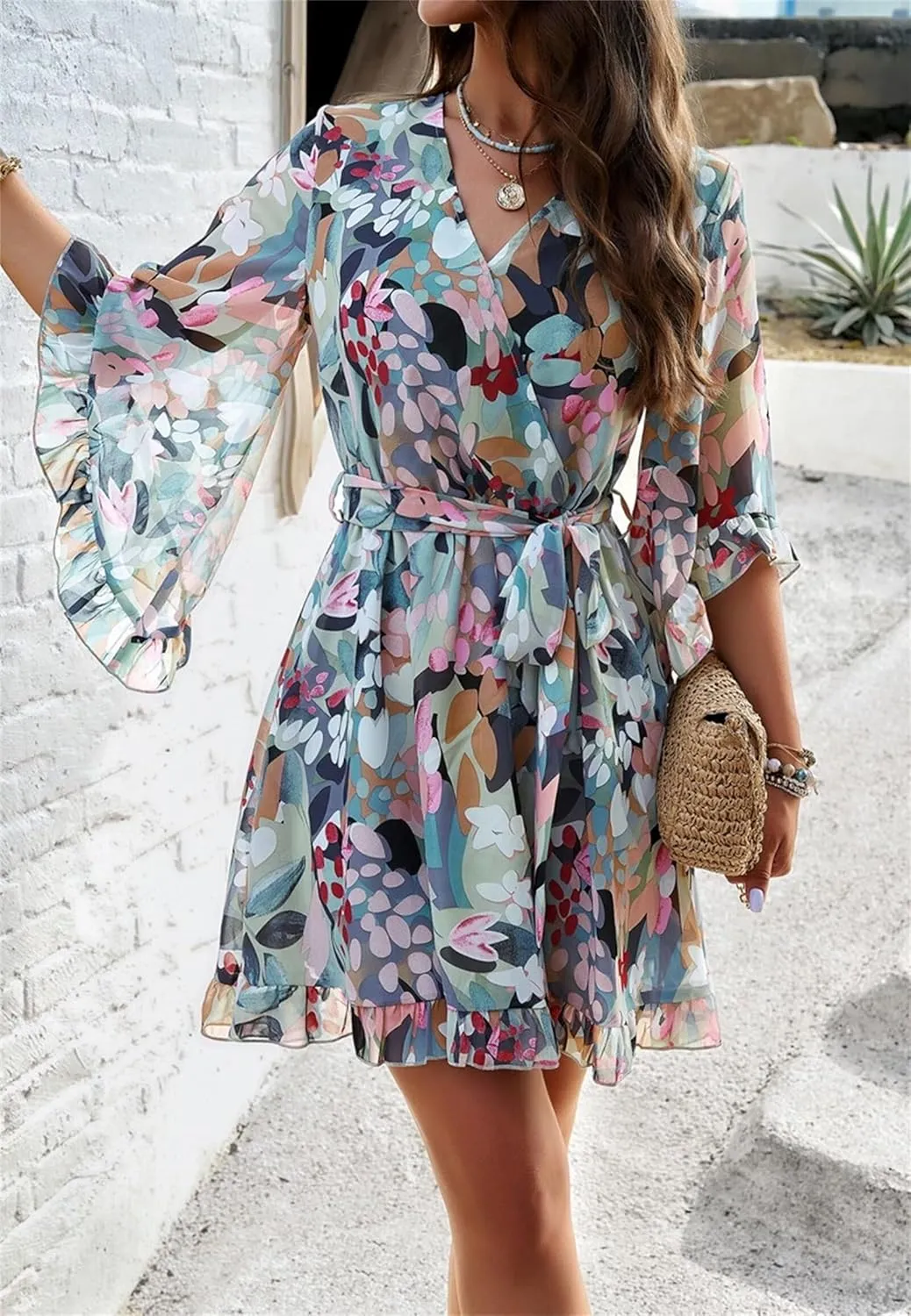 Women's Summer Dress Casual Floral Ruffled 3/4 Sleeve Boho Mini Dress Sexy V Neck A-Line Swing Chiffon Dresses
