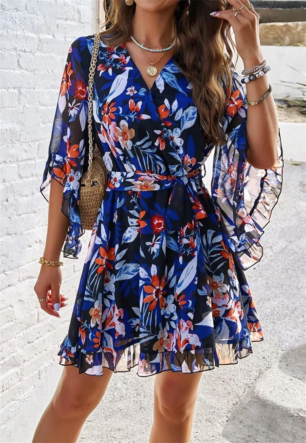 Women's Summer Dress Casual Floral Ruffled 3/4 Sleeve Boho Mini Dress Sexy V Neck A-Line Swing Chiffon Dresses