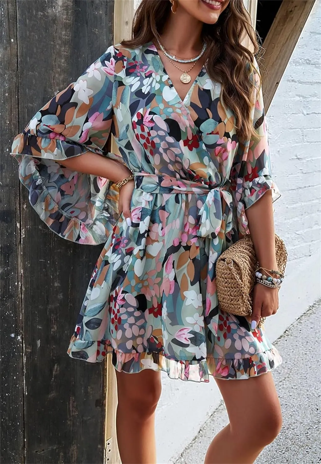 Women's Summer Dress Casual Floral Ruffled 3/4 Sleeve Boho Mini Dress Sexy V Neck A-Line Swing Chiffon Dresses