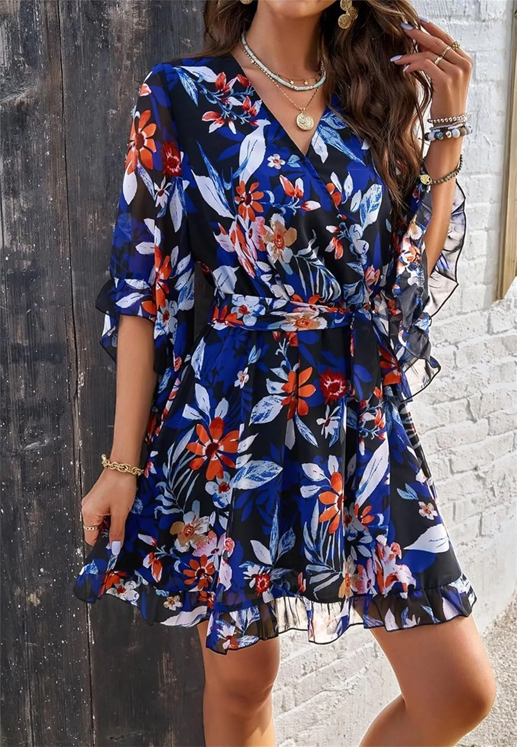 Women's Summer Dress Casual Floral Ruffled 3/4 Sleeve Boho Mini Dress Sexy V Neck A-Line Swing Chiffon Dresses