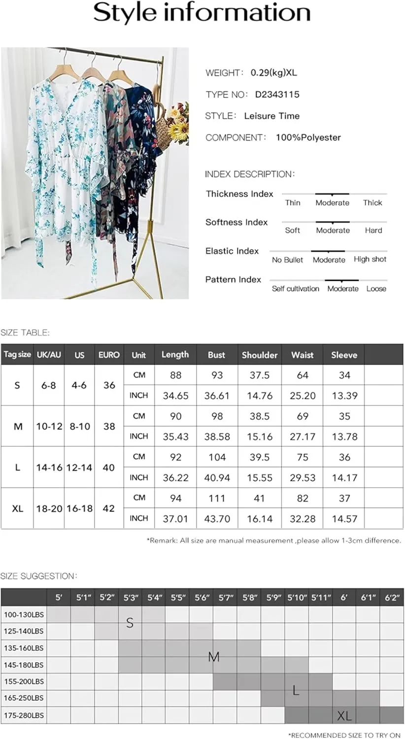 Women's Summer Dress Casual Floral Ruffled 3/4 Sleeve Boho Mini Dress Sexy V Neck A-Line Swing Chiffon Dresses