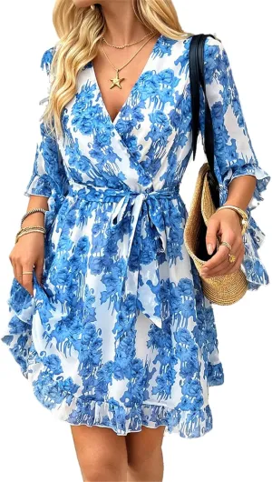 Women's Summer Dress Casual Floral Ruffled 3/4 Sleeve Boho Mini Dress Sexy V Neck A-Line Swing Chiffon Dresses