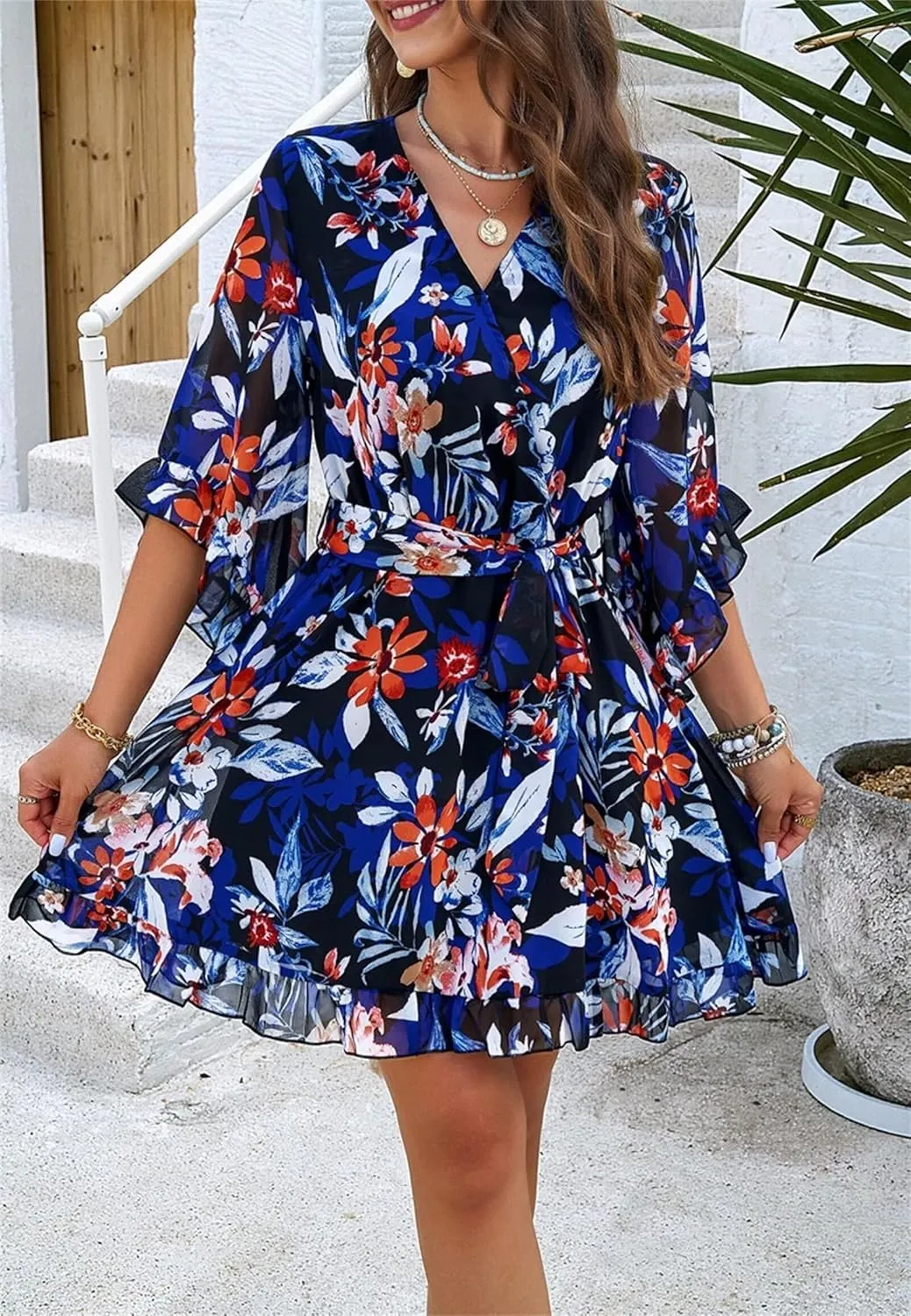 Women's Summer Dress Casual Floral Ruffled 3/4 Sleeve Boho Mini Dress Sexy V Neck A-Line Swing Chiffon Dresses
