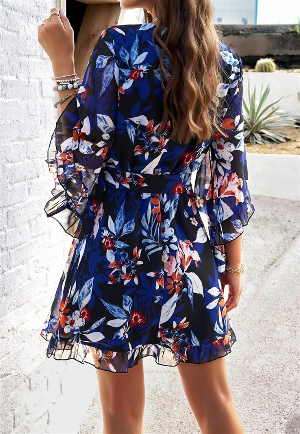 Women's Summer Dress Casual Floral Ruffled 3/4 Sleeve Boho Mini Dress Sexy V Neck A-Line Swing Chiffon Dresses