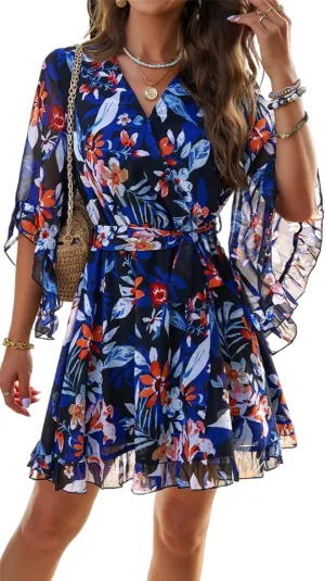 Women's Summer Dress Casual Floral Ruffled 3/4 Sleeve Boho Mini Dress Sexy V Neck A-Line Swing Chiffon Dresses
