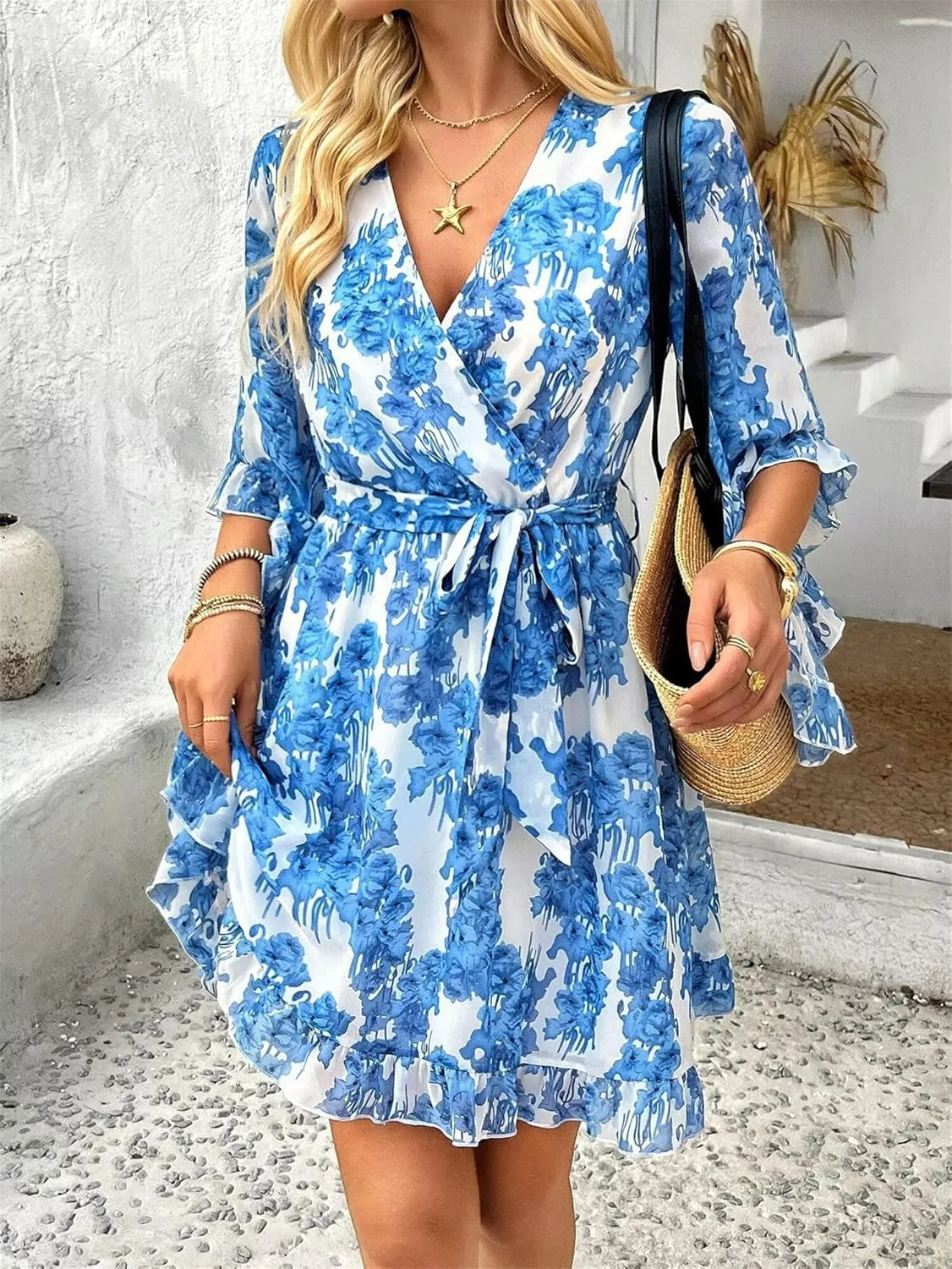 Women's Summer Dress Casual Floral Ruffled 3/4 Sleeve Boho Mini Dress Sexy V Neck A-Line Swing Chiffon Dresses