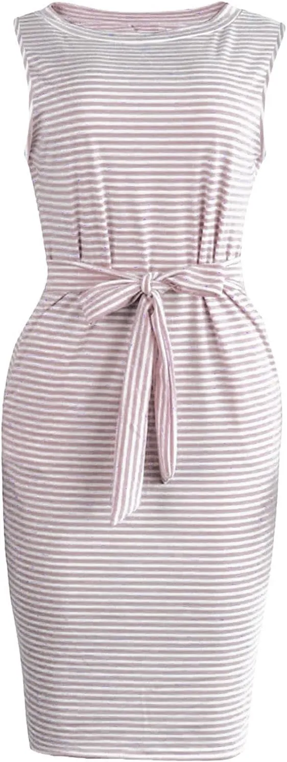 Women's Summer Dresses 2023 Casual Striped Sundresses Short Sleeve T-Shirt Dress Tie Waist Dress with Pockets Skirts