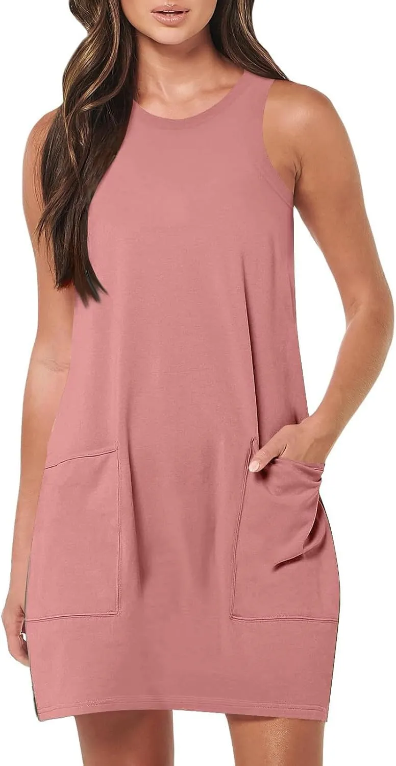 Womens Summer Dresses 2024 Casual Sleeveless Vacation Beach Sundresses Petite Loose Fit Tank T Shirt Mini Dress