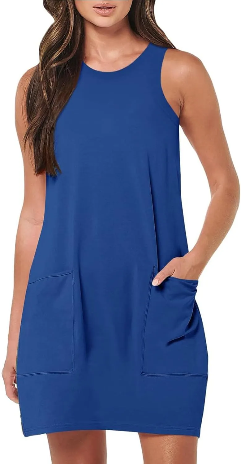 Womens Summer Dresses 2024 Casual Sleeveless Vacation Beach Sundresses Petite Loose Fit Tank T Shirt Mini Dress
