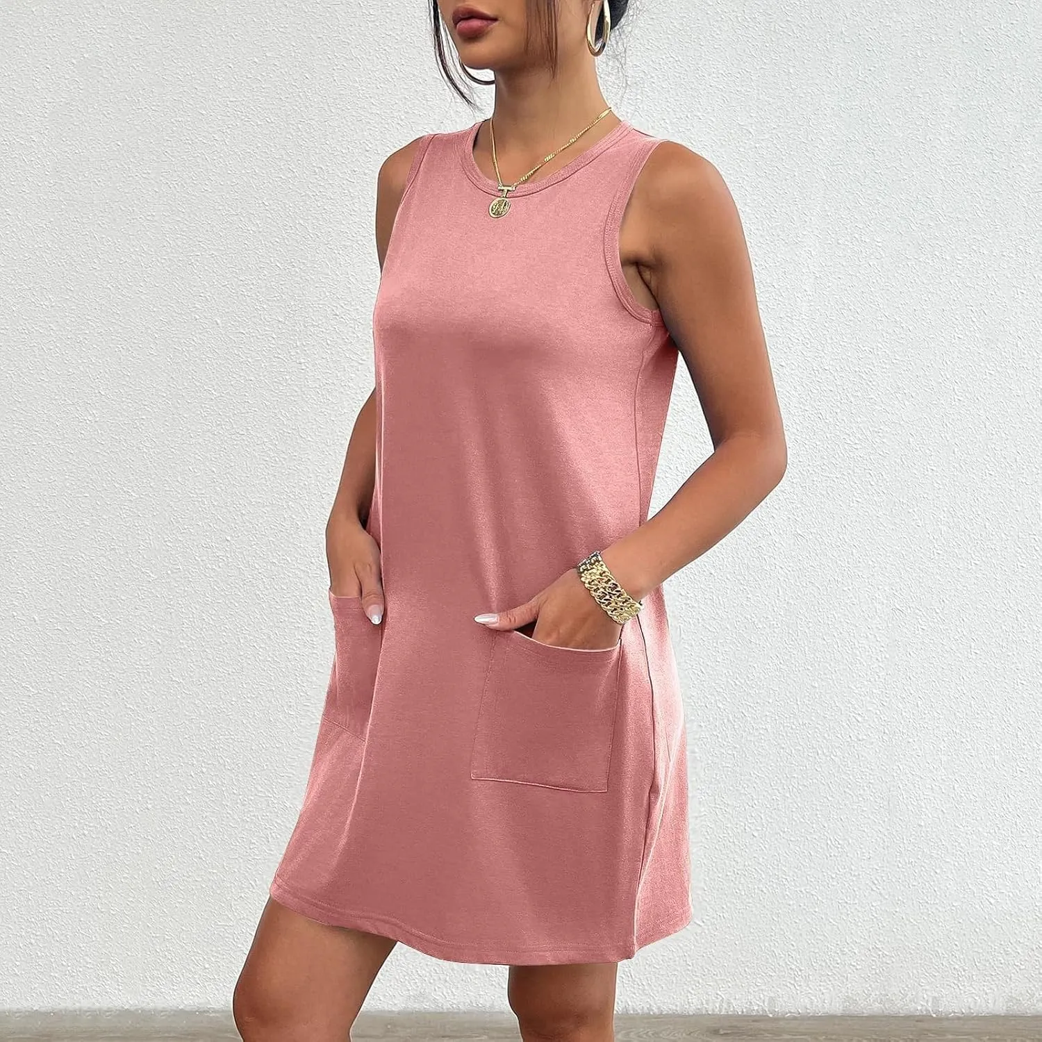 Womens Summer Dresses 2024 Casual Sleeveless Vacation Beach Sundresses Petite Loose Fit Tank T Shirt Mini Dress