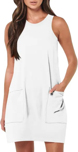 Womens Summer Dresses 2024 Casual Sleeveless Vacation Beach Sundresses Petite Loose Fit Tank T Shirt Mini Dress