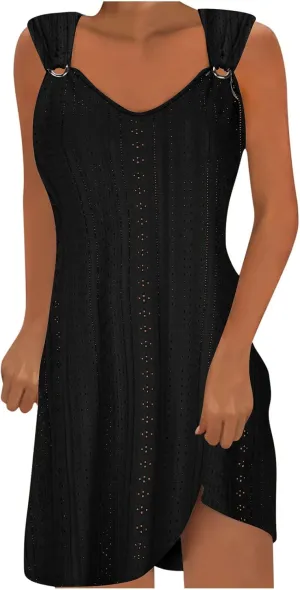 Womens Summer Dresses 2024 Casual Solid V-Neck Sleeveless Short Dress Palace Lock Flowy Loose Fit Mini Dress