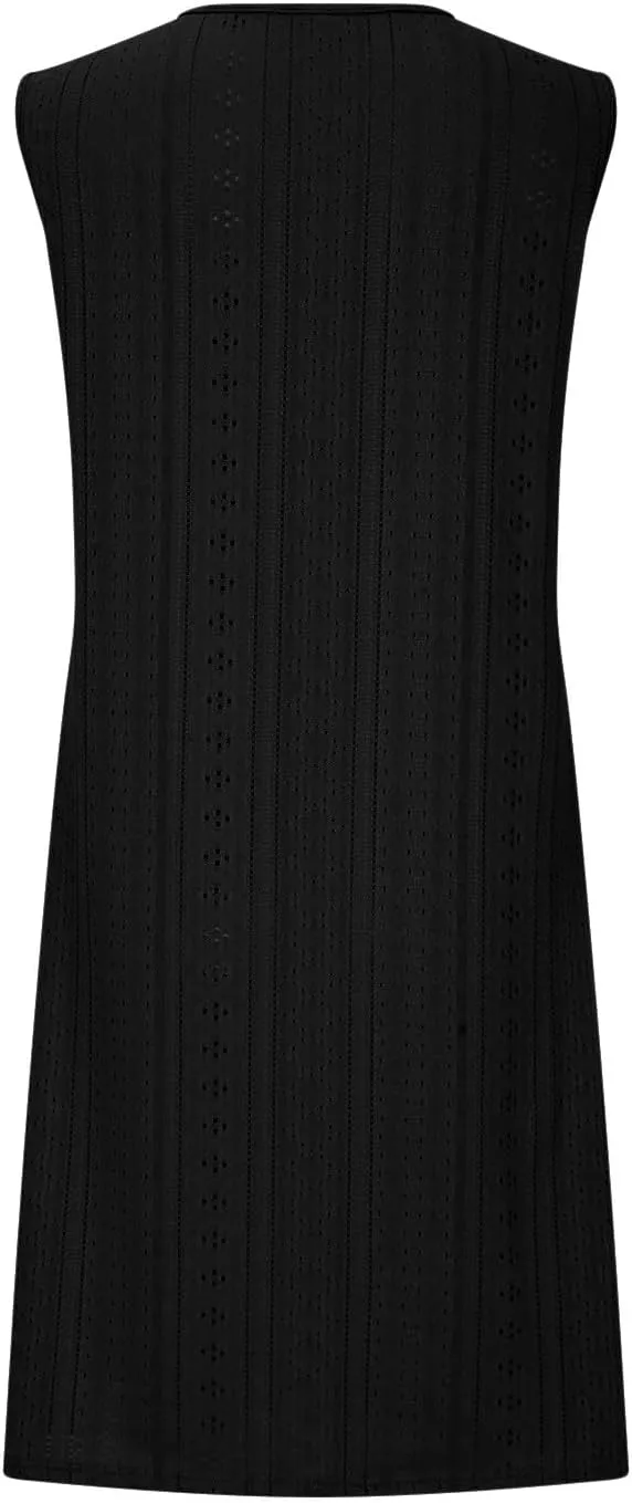 Womens Summer Dresses 2024 Casual Solid V-Neck Sleeveless Short Dress Palace Lock Flowy Loose Fit Mini Dress