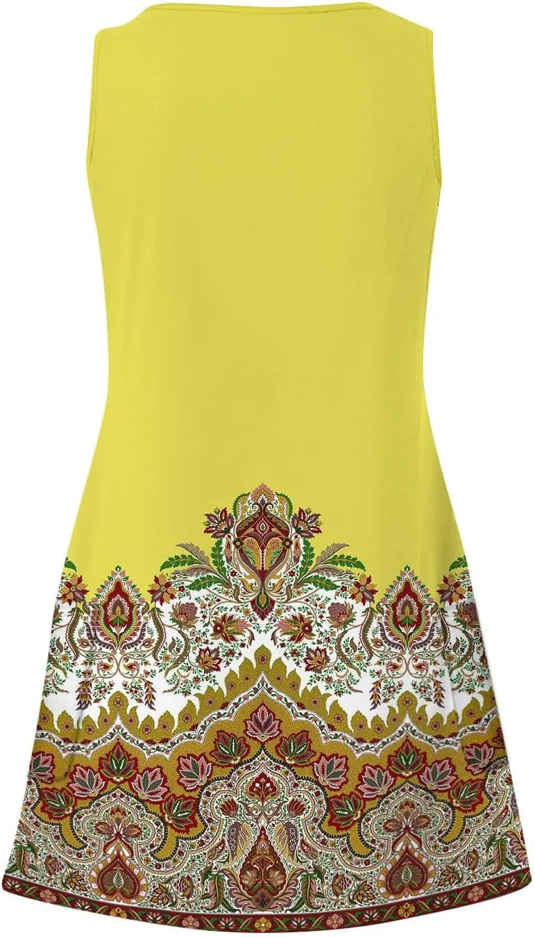 Womens Summer Dresses 2024 Loose V Neck Floral Print Boho Tank Dress with Pocket