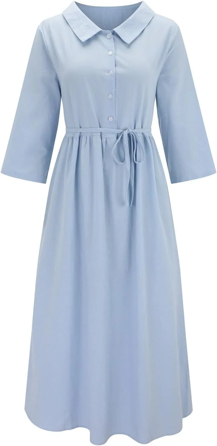 Womens Summer Dresses Boho Floral Lapel Neck Button Casual A-Line Lace-Up Dress Cruise Outfits 2024 Blue Dresses