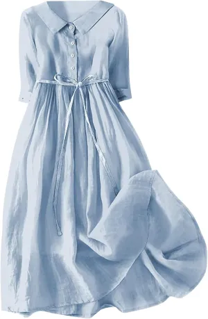 Womens Summer Dresses Boho Floral Lapel Neck Button Casual A-Line Lace-Up Dress Cruise Outfits 2024 Blue Dresses
