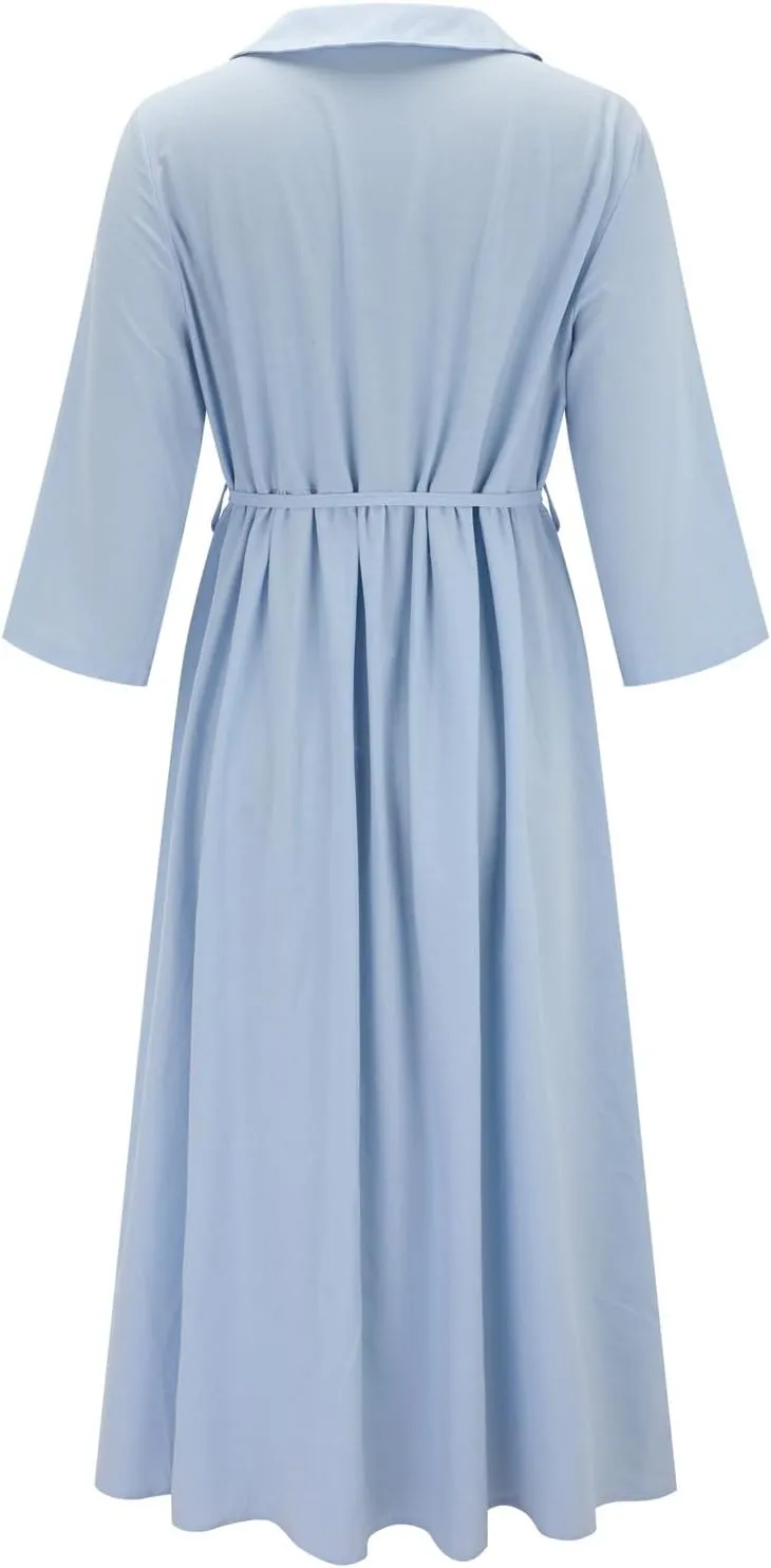 Womens Summer Dresses Boho Floral Lapel Neck Button Casual A-Line Lace-Up Dress Cruise Outfits 2024 Blue Dresses