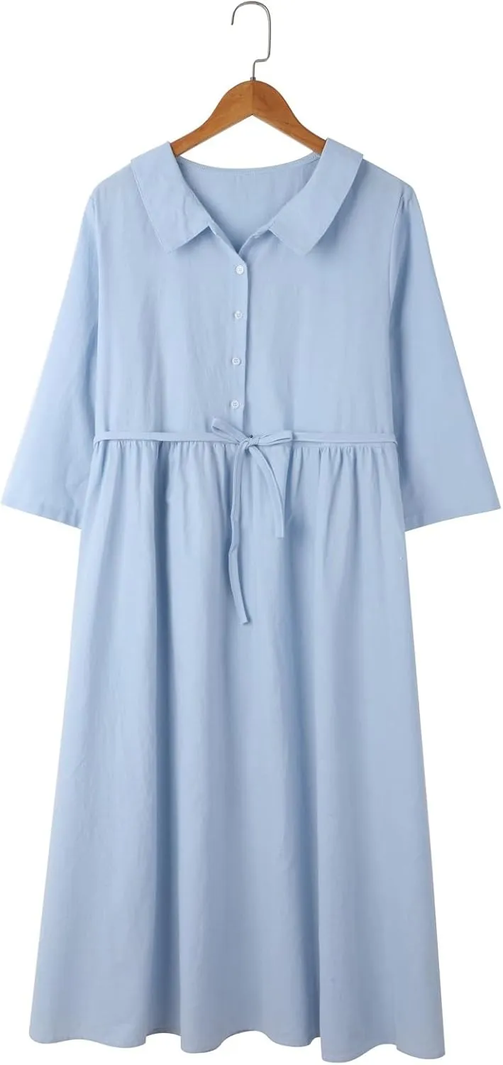 Womens Summer Dresses Boho Floral Lapel Neck Button Casual A-Line Lace-Up Dress Cruise Outfits 2024 Blue Dresses