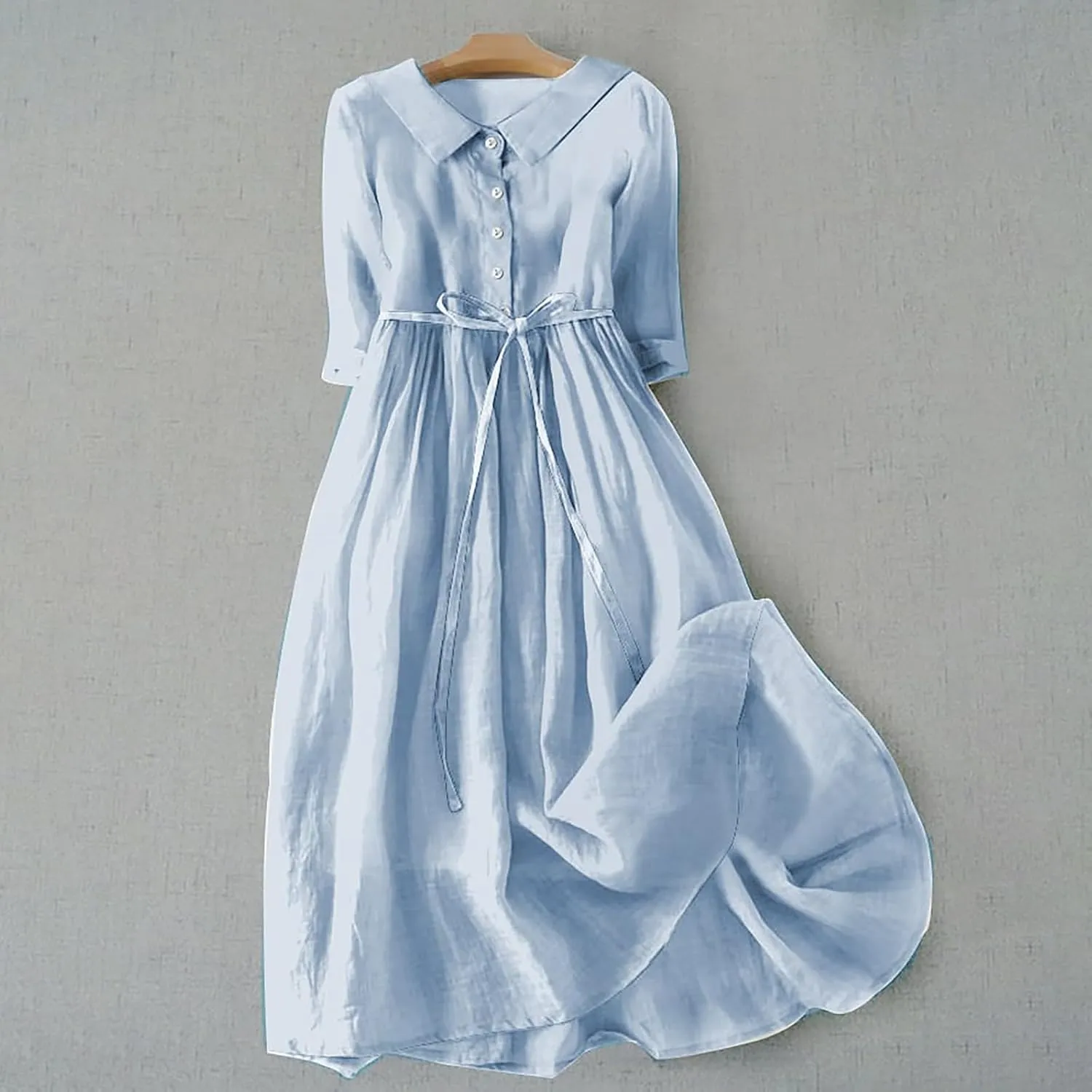 Womens Summer Dresses Boho Floral Lapel Neck Button Casual A-Line Lace-Up Dress Cruise Outfits 2024 Blue Dresses