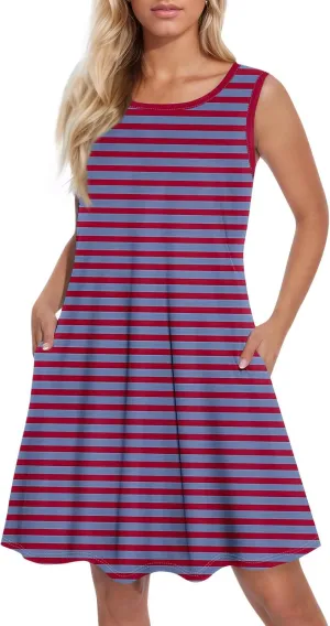 Womens Summer Dresses Loose Round Neck Sleeveless Sundresses Dress with Pockets