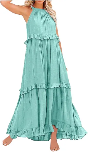 Womens Summer Floral Maxi Dresses Sleeveless Beach Wedding Guest Dress Drawstring Ruffle Long Flowy Dress
