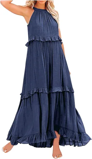 Womens Summer Floral Maxi Dresses Sleeveless Beach Wedding Guest Dress Drawstring Ruffle Long Flowy Dress