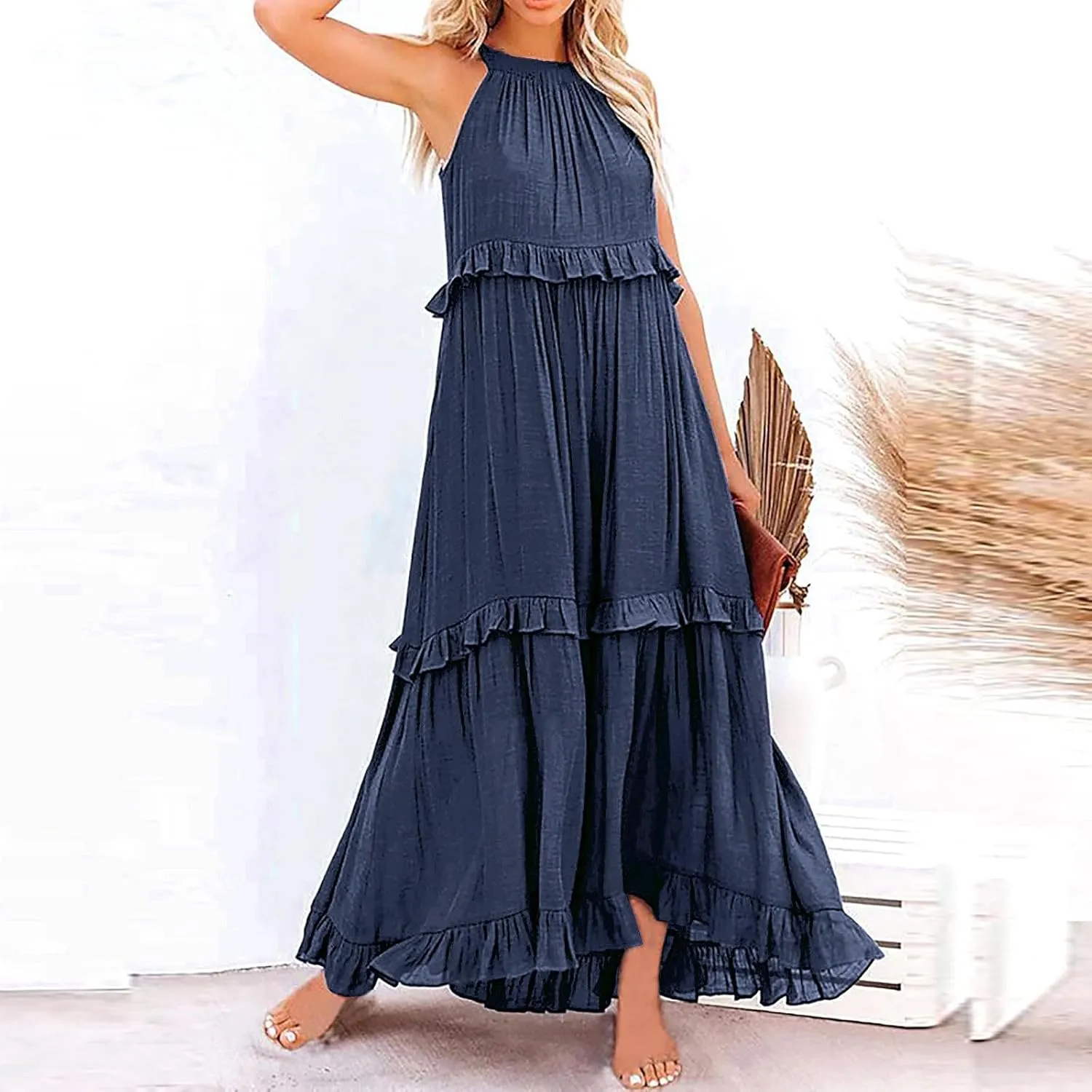 Womens Summer Floral Maxi Dresses Sleeveless Beach Wedding Guest Dress Drawstring Ruffle Long Flowy Dress