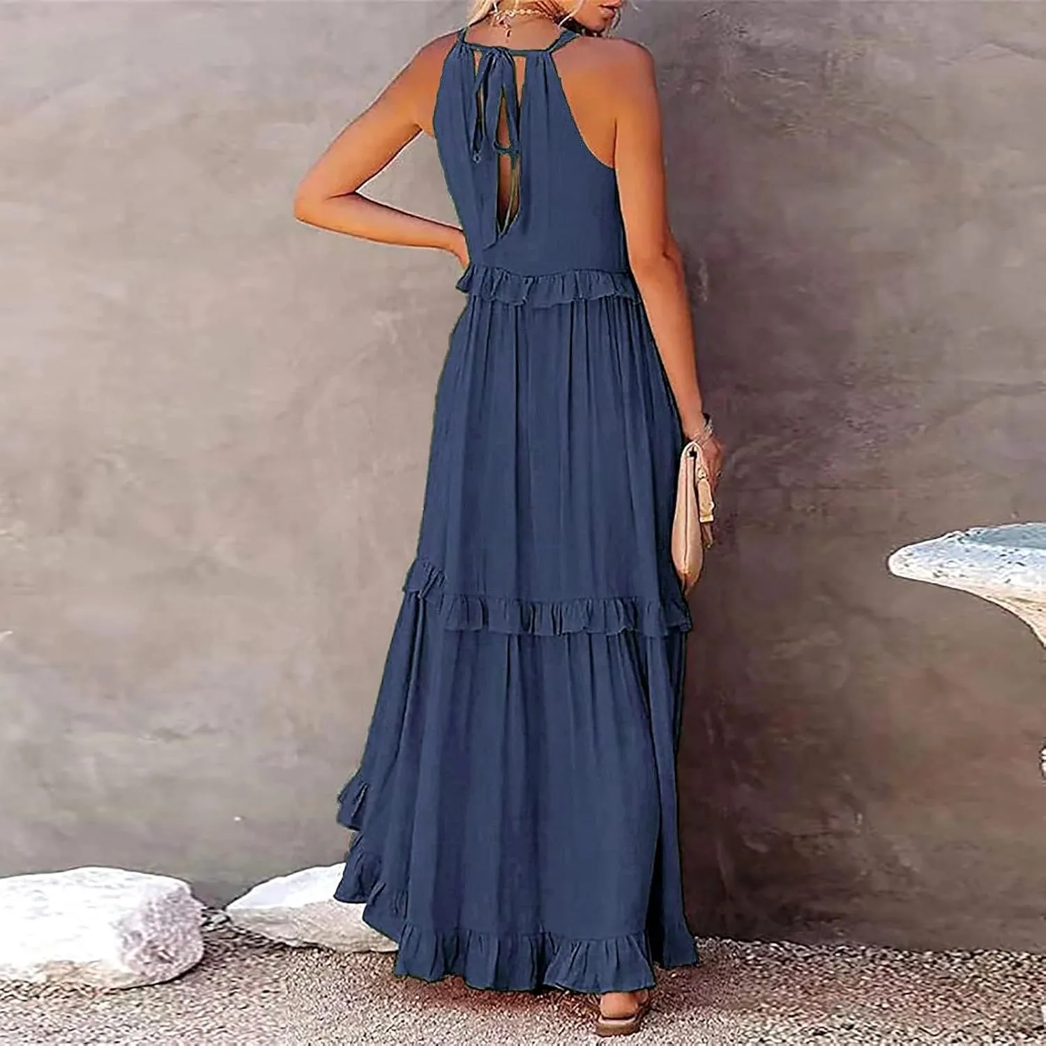 Womens Summer Floral Maxi Dresses Sleeveless Beach Wedding Guest Dress Drawstring Ruffle Long Flowy Dress