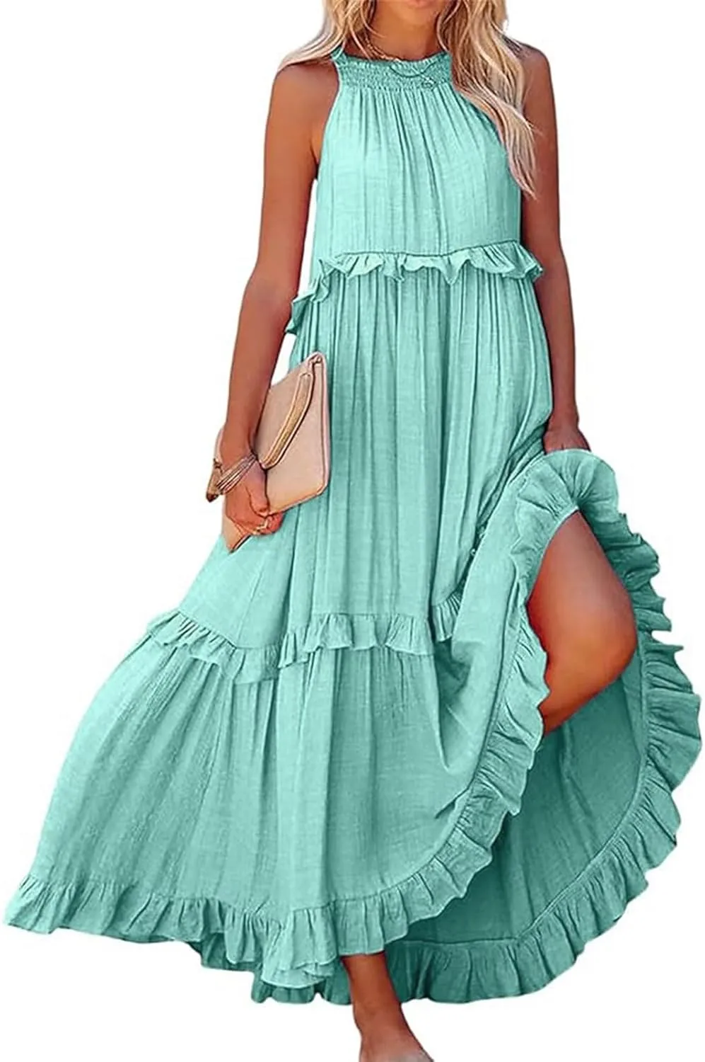 Womens Summer Floral Maxi Dresses Sleeveless Beach Wedding Guest Dress Drawstring Ruffle Long Flowy Dress