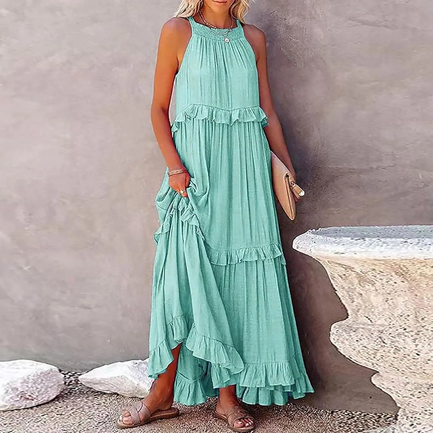 Womens Summer Floral Maxi Dresses Sleeveless Beach Wedding Guest Dress Drawstring Ruffle Long Flowy Dress
