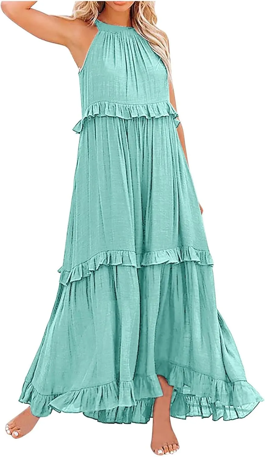 Womens Summer Floral Maxi Dresses Sleeveless Beach Wedding Guest Dress Drawstring Ruffle Long Flowy Dress