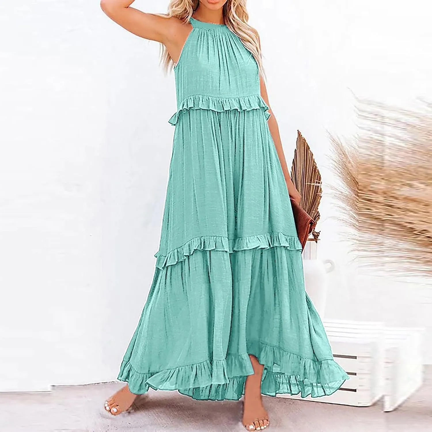 Womens Summer Floral Maxi Dresses Sleeveless Beach Wedding Guest Dress Drawstring Ruffle Long Flowy Dress