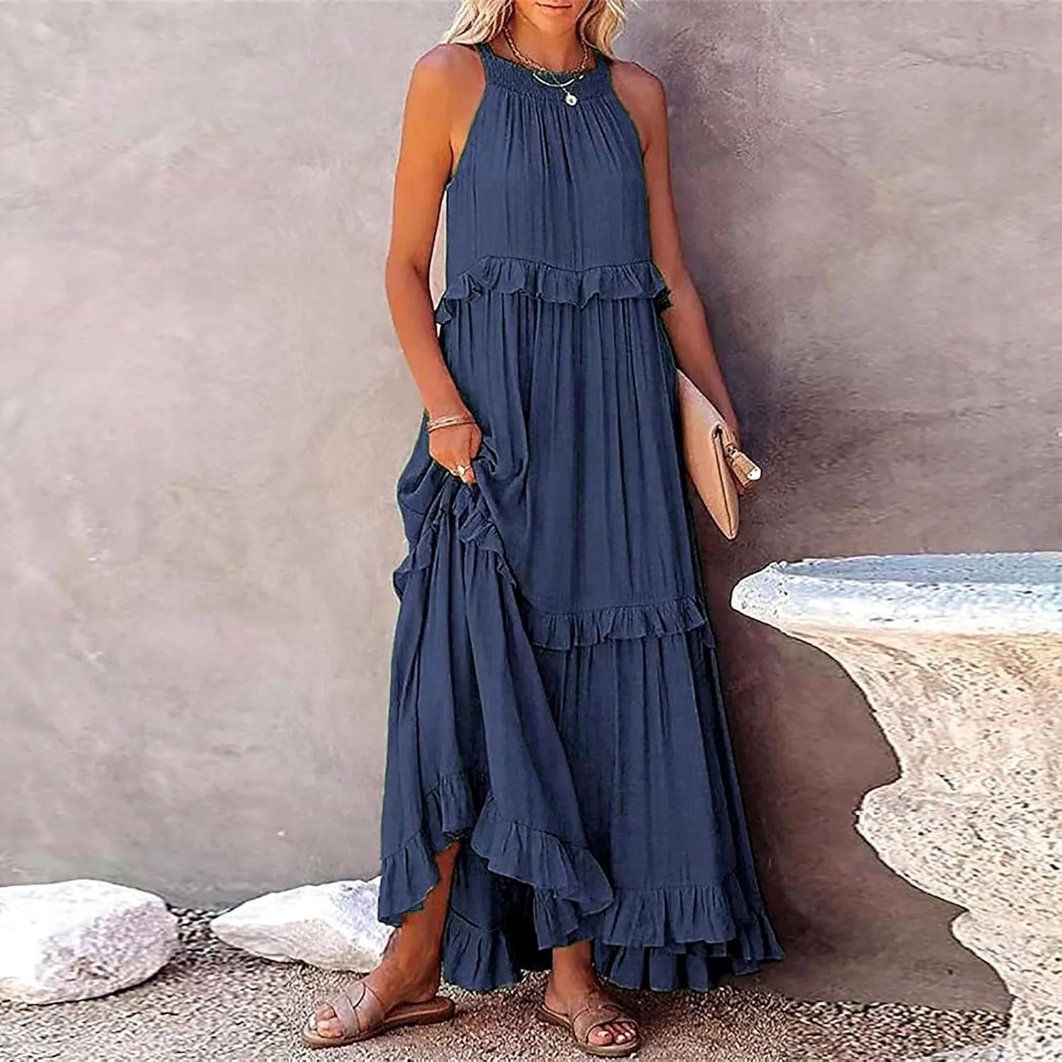 Womens Summer Floral Maxi Dresses Sleeveless Beach Wedding Guest Dress Drawstring Ruffle Long Flowy Dress
