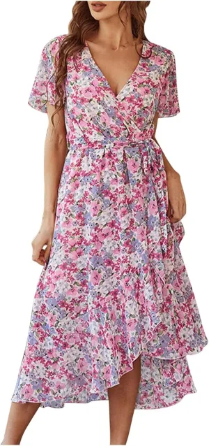 Women's Summer Floral Maxi Dresses Swing Beach Vacation Short Sleeve Deep V-Neck Fashion Casual Long Dresses