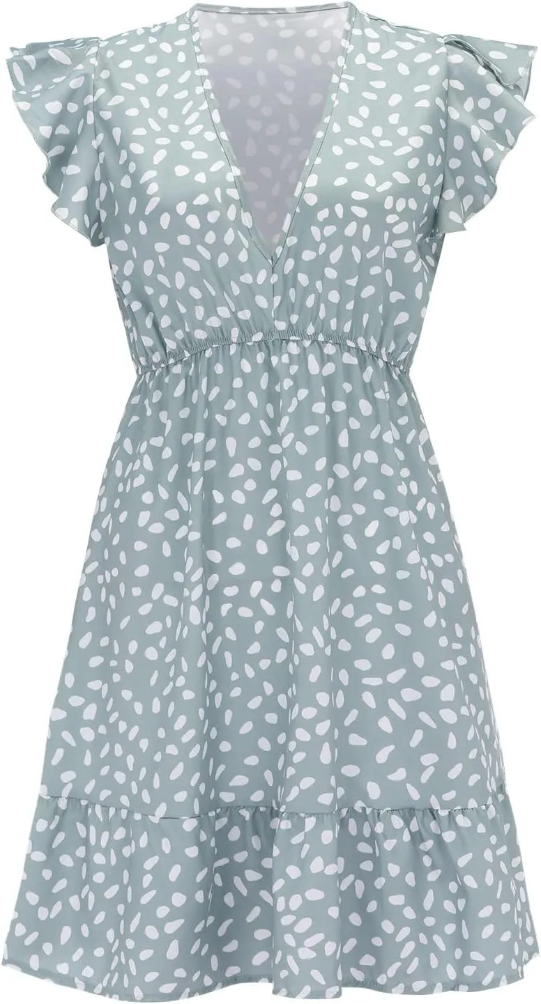 Womens Summer Floral Printed Smocked Square Neck Ruffle Short Sleeve Mini Summer Dresses for Women Beach with