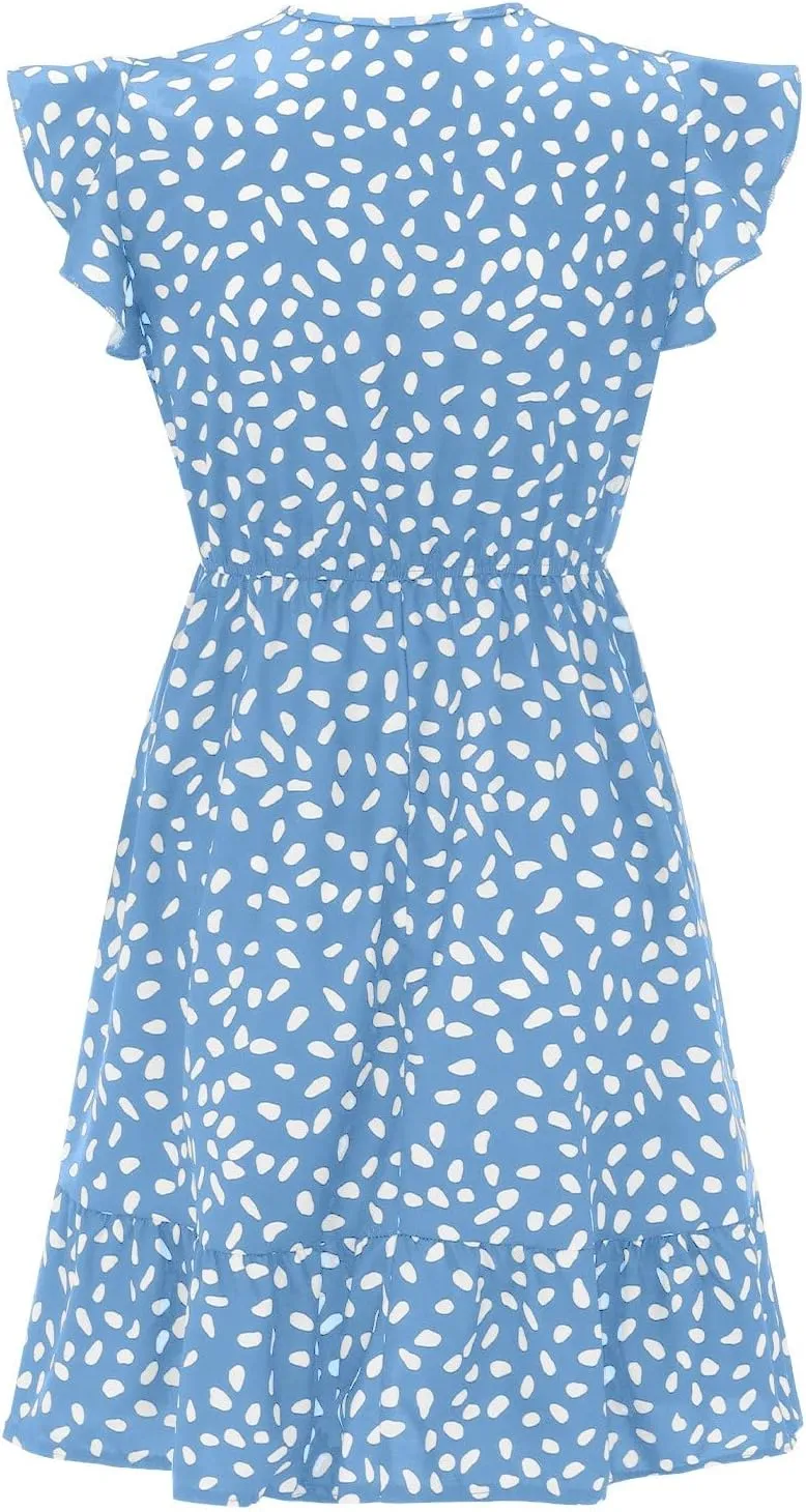 Womens Summer Floral Printed Smocked Square Neck Ruffle Short Sleeve Mini Summer Dresses for Women Beach with