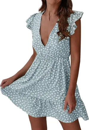Womens Summer Floral Printed Smocked Square Neck Ruffle Short Sleeve Mini Summer Dresses for Women Beach with