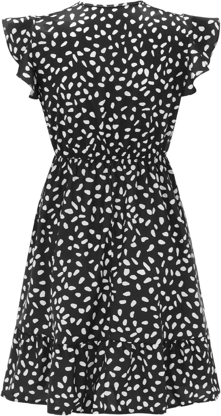 Womens Summer Floral Printed Smocked Square Neck Ruffle Short Sleeve Mini Summer Dresses for Women Beach with