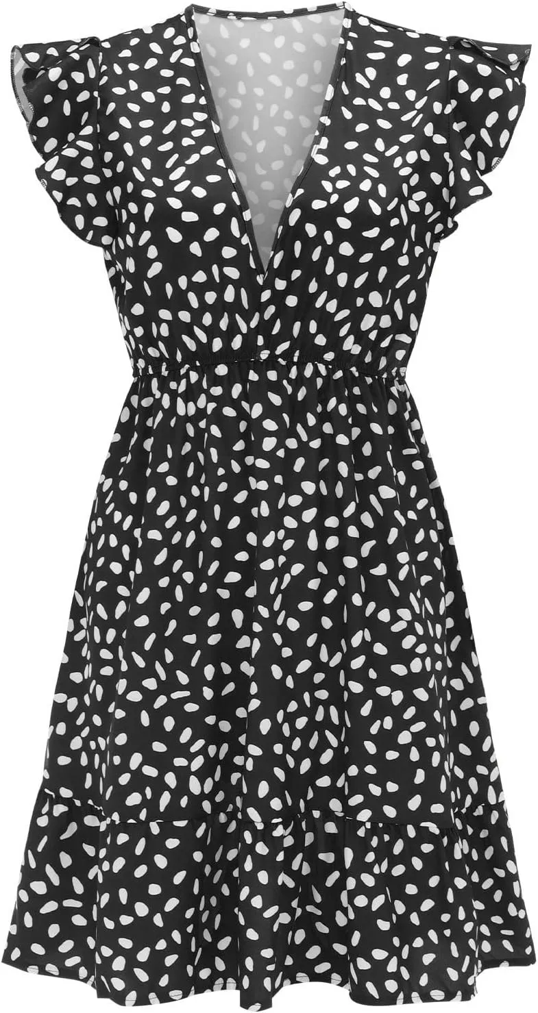 Womens Summer Floral Printed Smocked Square Neck Ruffle Short Sleeve Mini Summer Dresses for Women Beach with