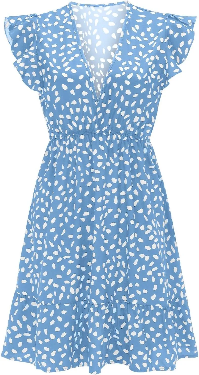 Womens Summer Floral Printed Smocked Square Neck Ruffle Short Sleeve Mini Summer Dresses for Women Beach with