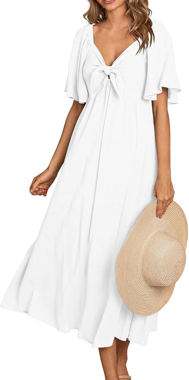 Women's Summer Long Dresses Casual Short Sleeve Flowy Swing Boho Dresses Deep V Neck Elegant Bow tie Beach Dress