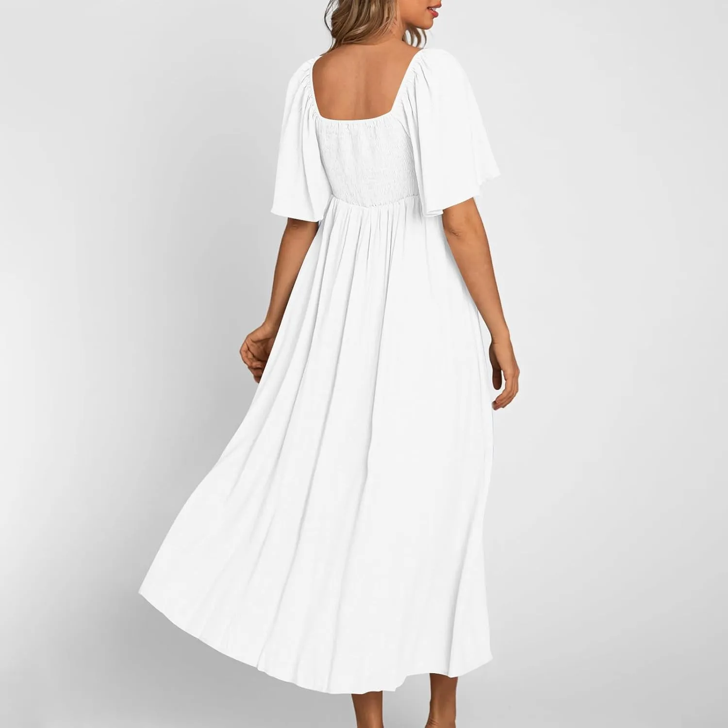 Women's Summer Long Dresses Casual Short Sleeve Flowy Swing Boho Dresses Deep V Neck Elegant Bow tie Beach Dress