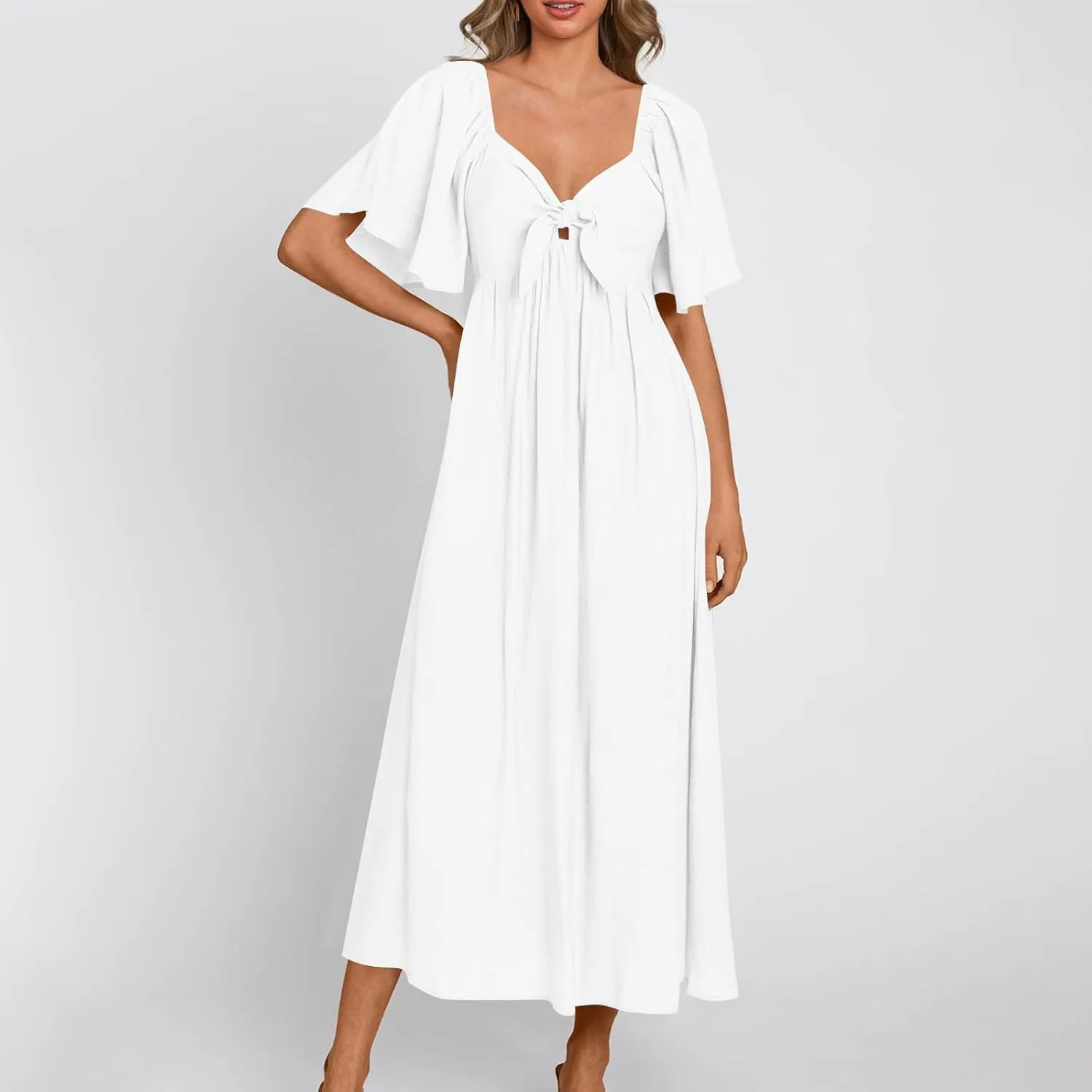 Women's Summer Long Dresses Casual Short Sleeve Flowy Swing Boho Dresses Deep V Neck Elegant Bow tie Beach Dress