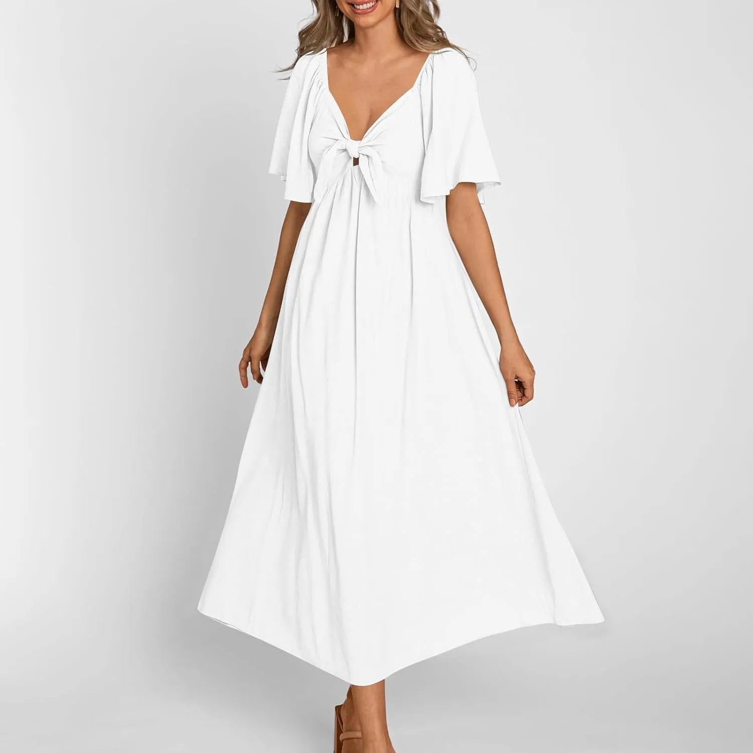 Women's Summer Long Dresses Casual Short Sleeve Flowy Swing Boho Dresses Deep V Neck Elegant Bow tie Beach Dress