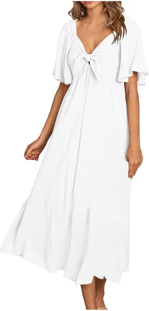 Women's Summer Long Dresses Casual Short Sleeve Flowy Swing Boho Dresses Deep V Neck Elegant Bow tie Beach Dress