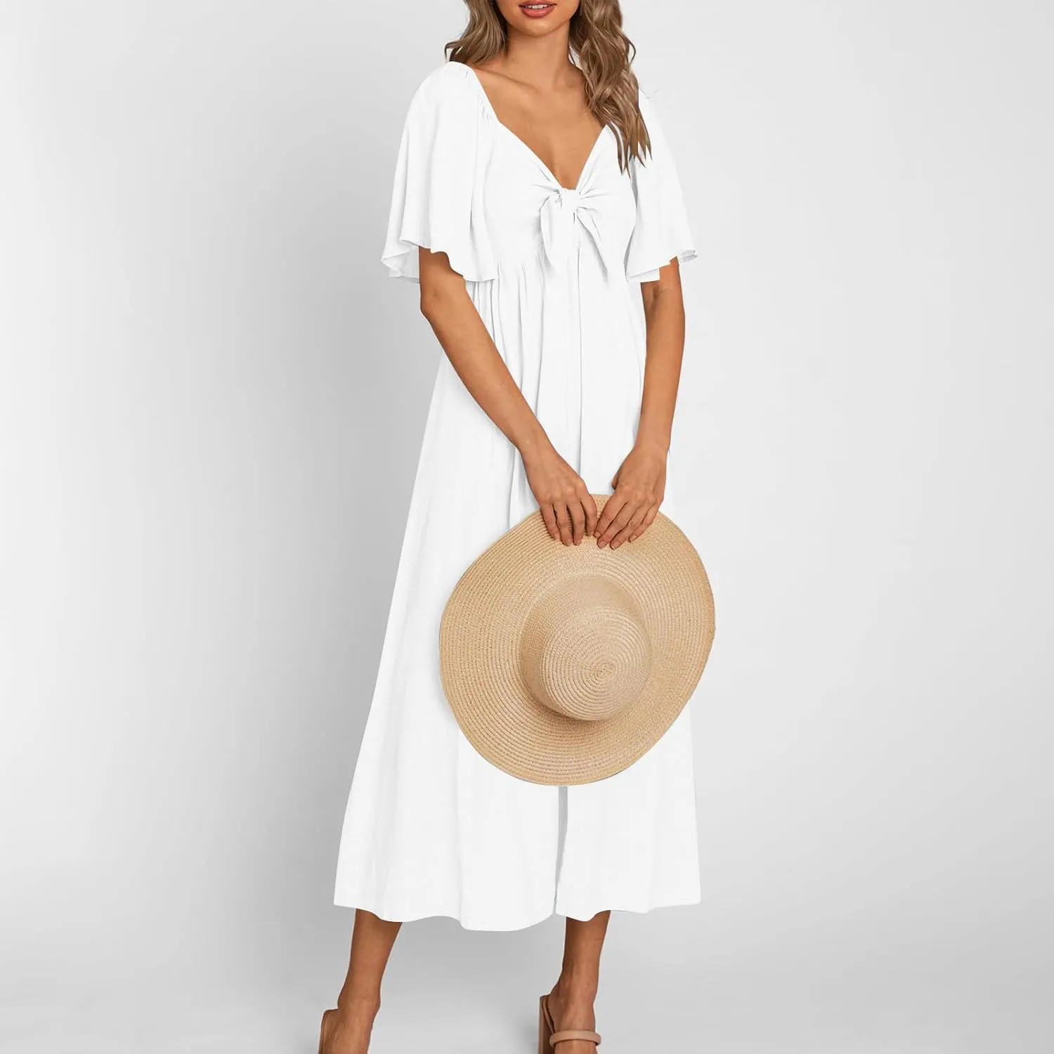 Women's Summer Long Dresses Casual Short Sleeve Flowy Swing Boho Dresses Deep V Neck Elegant Bow tie Beach Dress