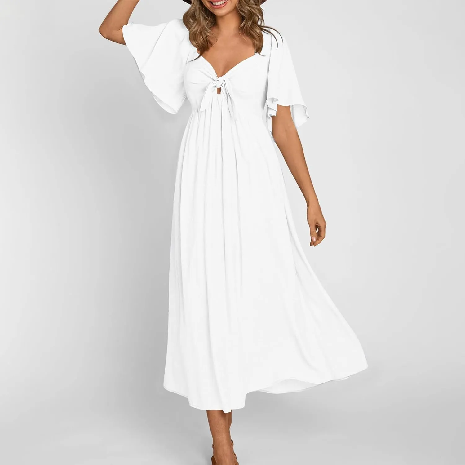 Women's Summer Long Dresses Casual Short Sleeve Flowy Swing Boho Dresses Deep V Neck Elegant Bow tie Beach Dress